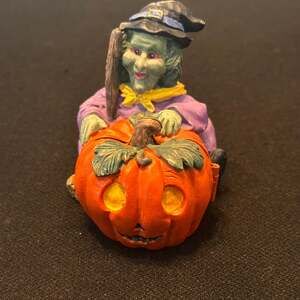 Vintage Witch Figurine with Hinged Pumpkin Miniature Scene
